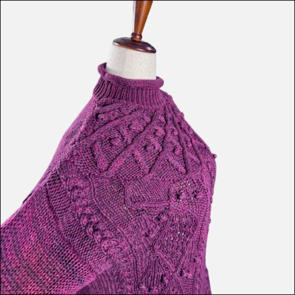 VTG Gina Peters Burgundy Cable Knit Roll Neck Bobble Sweater (Size M) - Picture 7 of 13